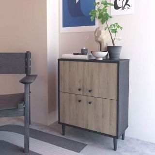 Credenza cassettiera a 4 ante in stile industriale con decoro rovere - 60,7x28,5 H75,7