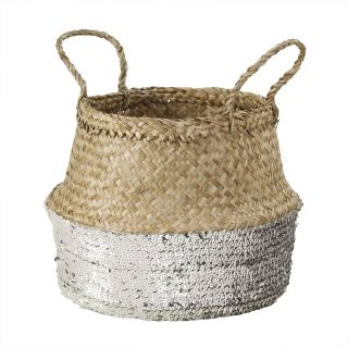 Cesto porta vaso e portabiancheria in vimini e paillettes argento -50%
