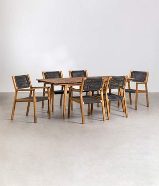 Set tavolo rettangolare allungabile 160x90h76 con 6 sedie da giardino in legno di acacia