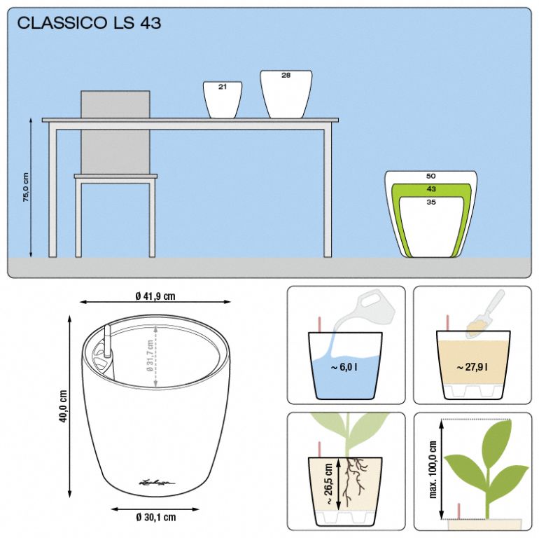 Vaso per piante QUADRO PREMIUM LS 43x43 H40 con auto irrigazione - LECHUZA